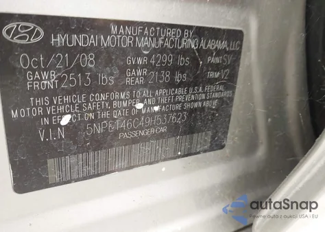 2009 Hyundai Sonata Gls z USA, uszkodzony, nr VIN 5NPET46C49H537623